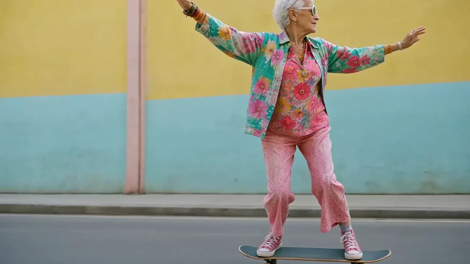 Kling 4 Beispiel: Ein Mann in einer bunten Jacke und einer rosa Hose steht auf einem Skateboard.