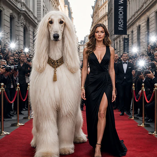 Kling 4 example: A large white dog and a woman in a black dress on a red carpet.