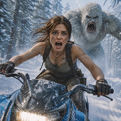 Kling 4 example: A woman riding a motorcycle through snow with a white monster behind her.