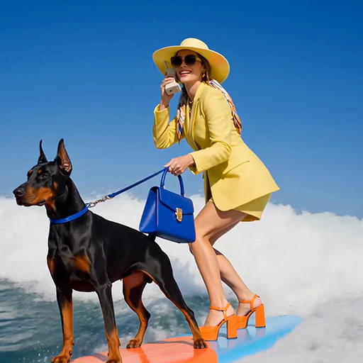Kling 4 example: A woman in yellow and a black dog standing on a surfboard.