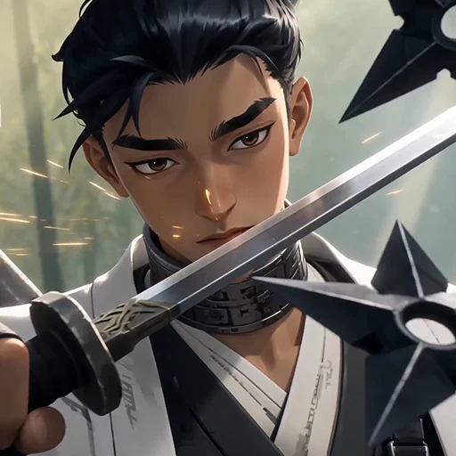 Kling 4 example: An animated swordsman holding a blade amid flying throwing stars.