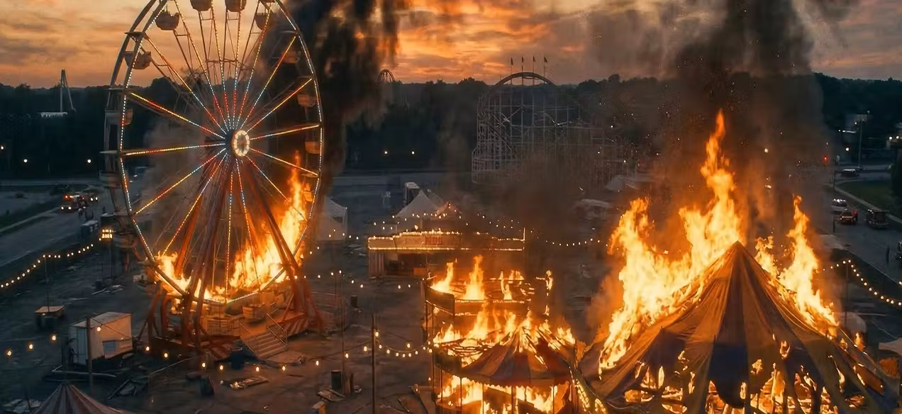 Creative illustration: A Ferris wheel and buildings engulfed in flames at dusk