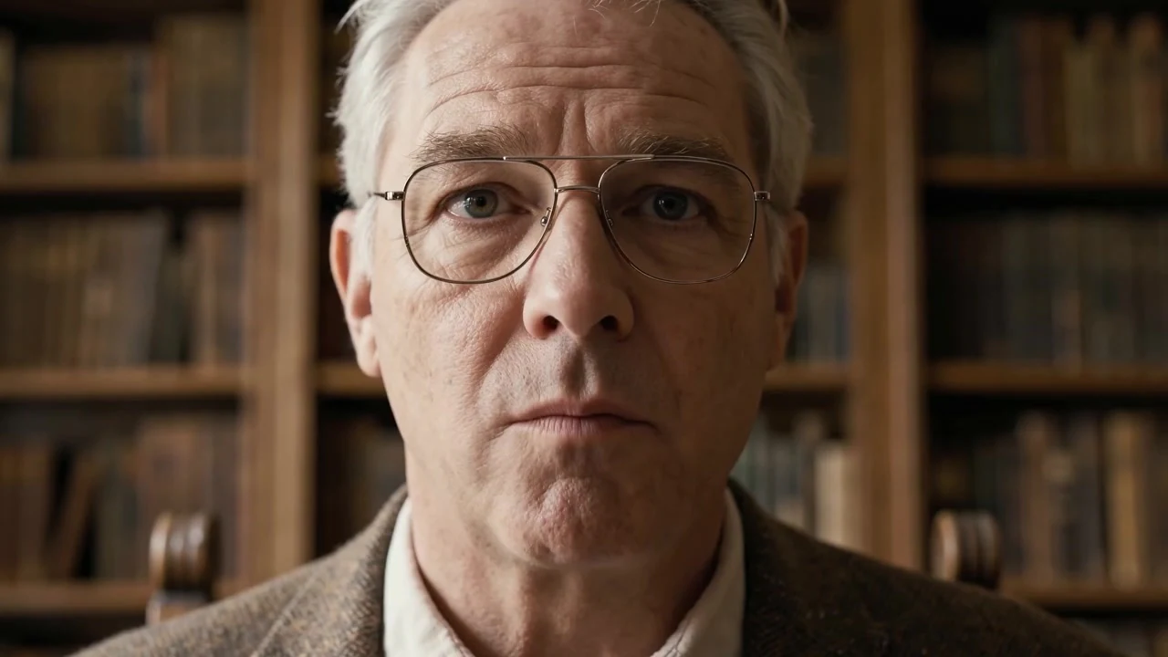 Creative illustration: An elderly man wearing glasses seated in front of bookshelves