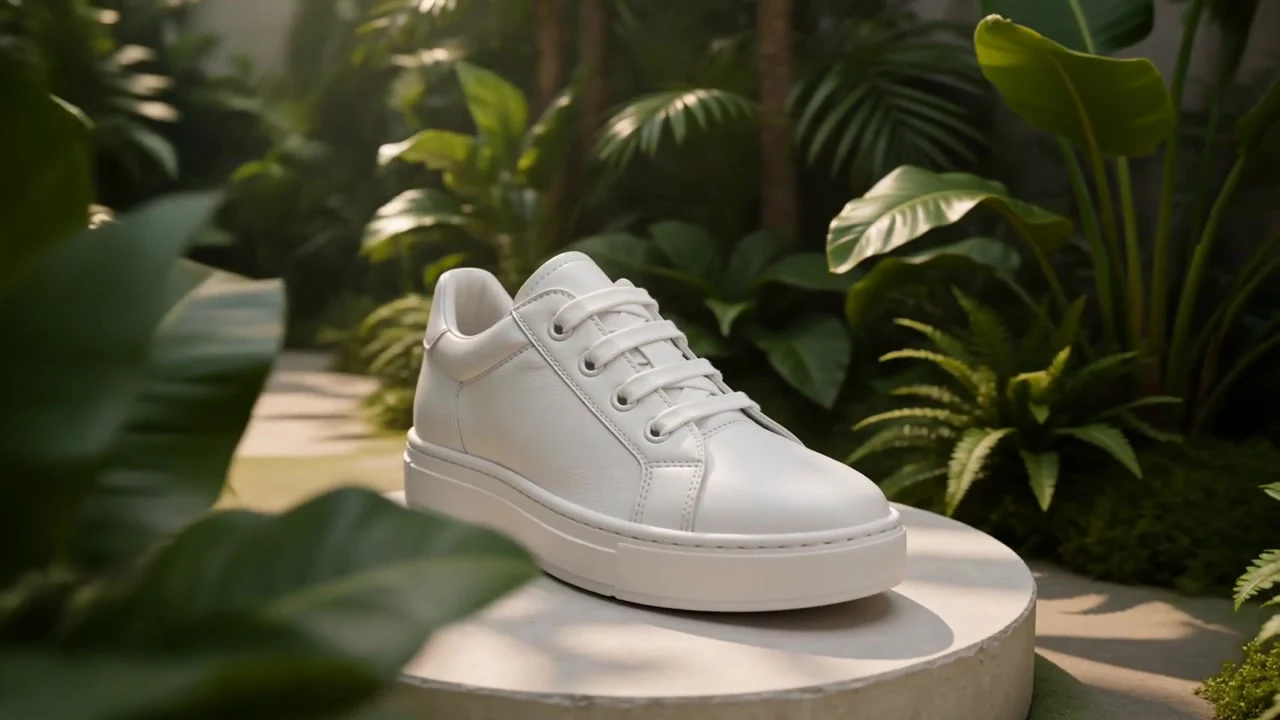 Creative illustration: A white sneaker on a round pedestal surrounded by tropical leaves