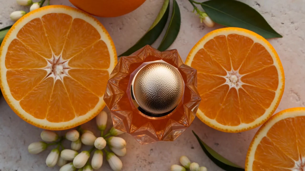Un frasco de perfume de color ámbar junto a rodajas de naranja y flores blancas