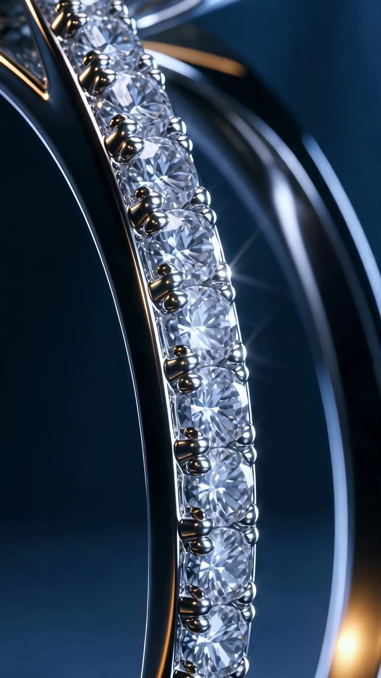 Kling 4 Beispiel: Nahaufnahme eines Diamantrings auf einer dunklen reflektierenden Oberfläche
