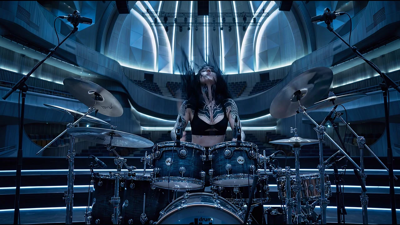 A drummer performing in a futuristic setting