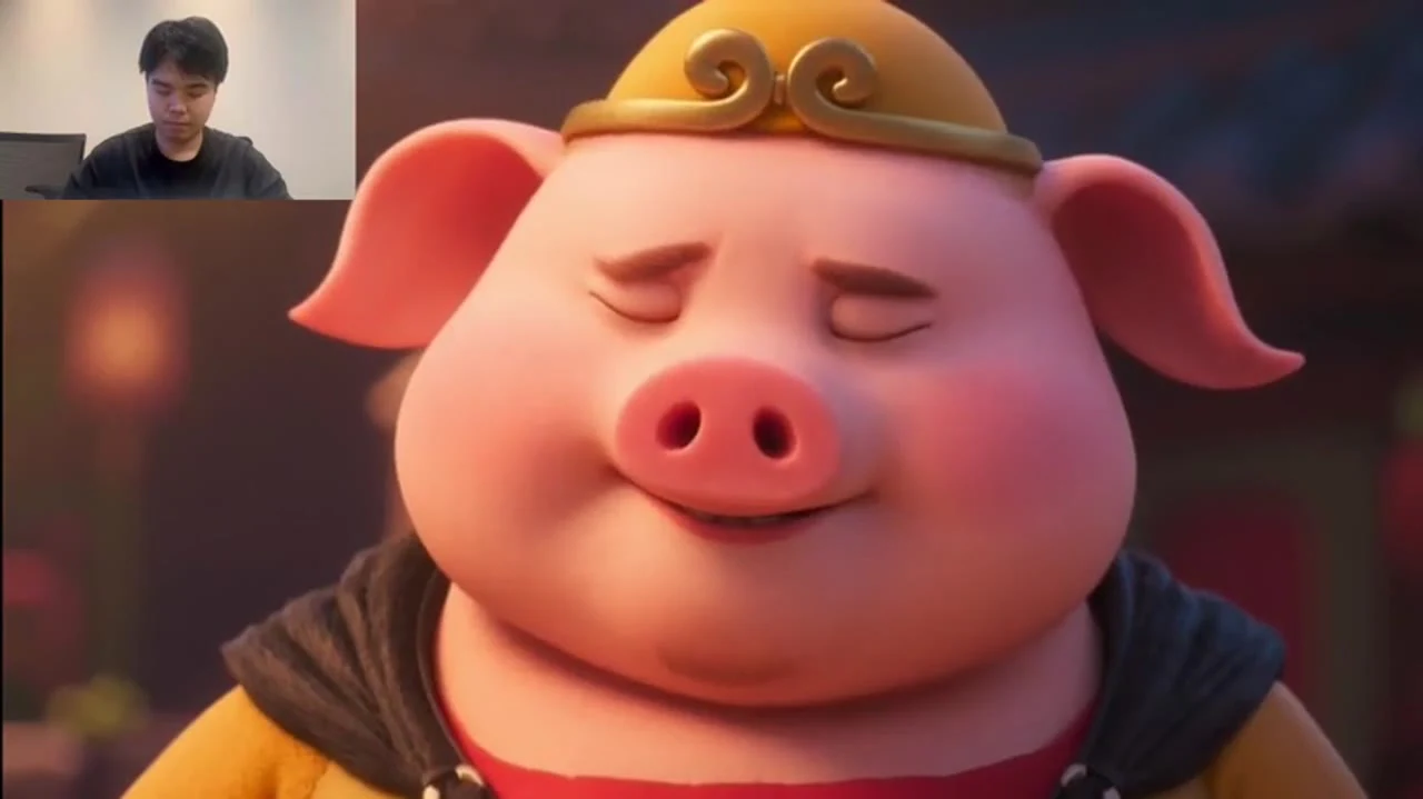 Creative illustration: An animated pig wearing a helmet beside a live-action performer