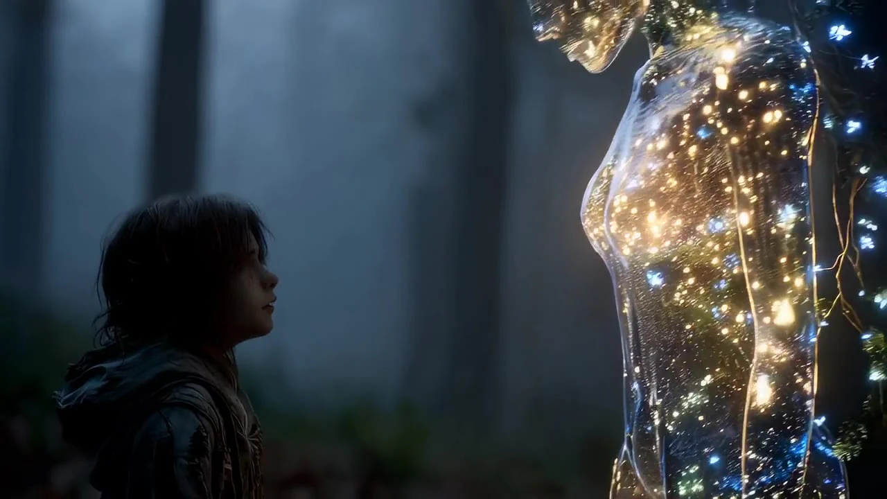 A child facing a glowing humanoid figure filled with golden particles