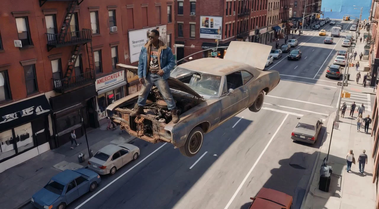 A car floating above traffic at a city intersection