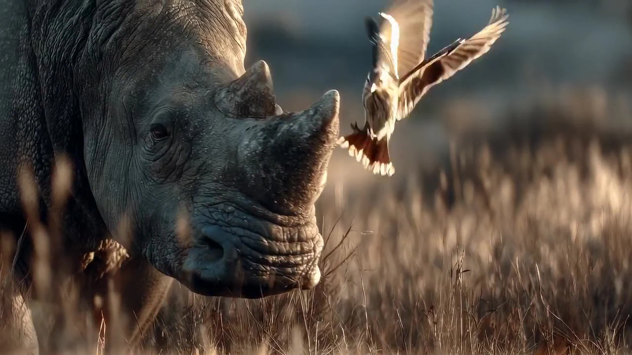 A rhinoceros facing the camera in dry grassland