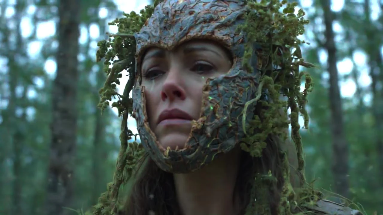 A woman wearing a textured mask of moss and branches in a forest