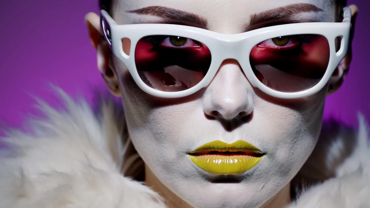 Creative illustration: A fashion portrait with white sunglasses and bright yellow lipstick
