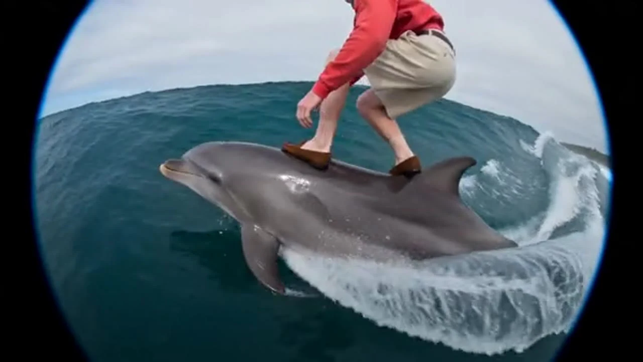 Creative illustration: A surfer in a red jacket riding a dolphin above a curling wave