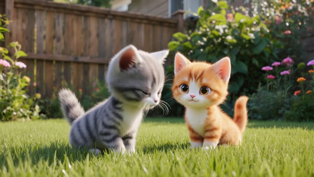 Dos gatitos de animación jugando juntos en el césped de un jardín