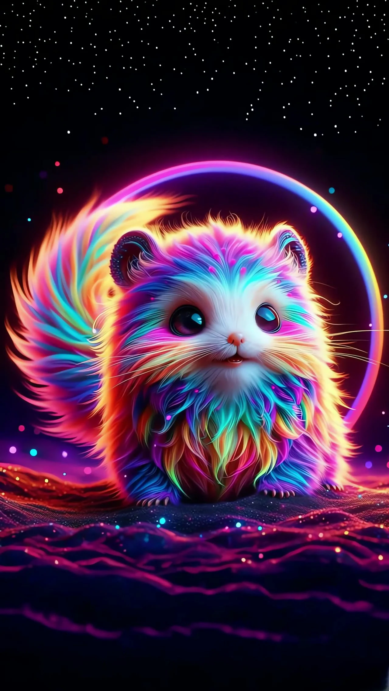 Kling 4 Beispiel: Ein buntes Neonporträt einer Katze, eingerahmt von einem leuchtenden Ring