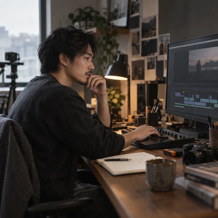 Kling 4 Beispiel: Ein Kreativer betrachtet ein Video auf einem Desktopmonitor an einem Studioschreibtisch